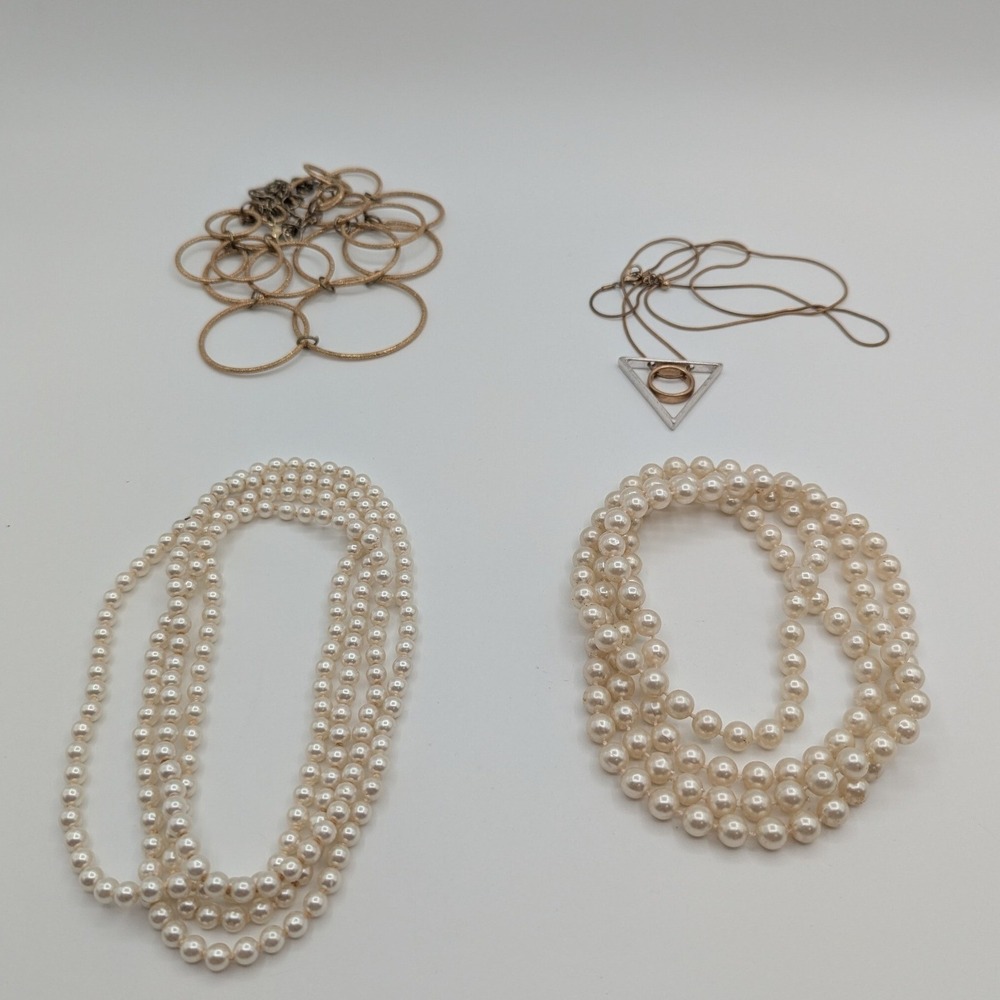 Lot‎ of 4 Necklaces Faux Pearl Gold Tone Geometric Statement Layered Beaded